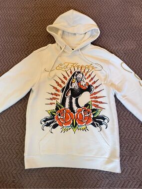 Ed Hardy White Hoodie with Black Panther and Orange Rose Graphic